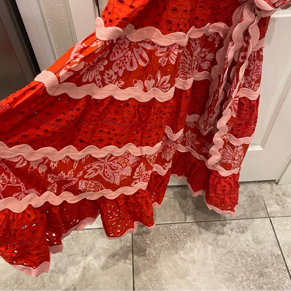 Farm Rio Flowerful Birds Red and Pink Floral Eyelet Lace Dress - Picture 4 of 9